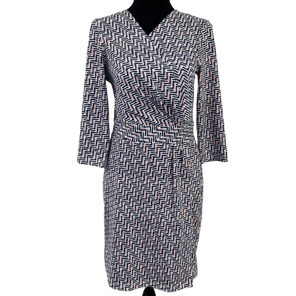 J. McLaughlin Catalina Cloth Navy White Printed 3/4 Sleeve Dress Small